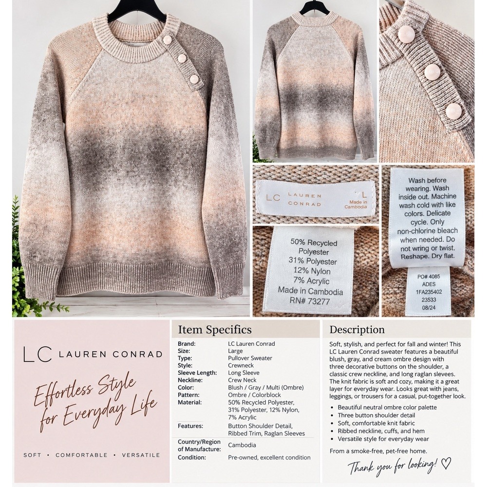LC Lauren Conrad Womens Sweater Large Blush Gray Ombre Button Shoulder Crewneck